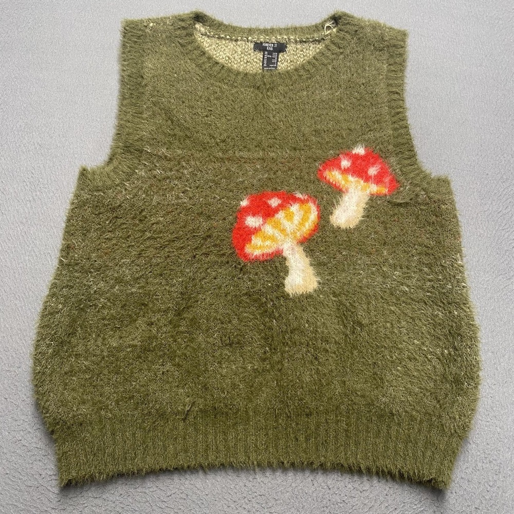 Forever 21 Sweater Vest Girls 11/12 Green Fuzzy Mushroom‎ Graphic Sleeveless